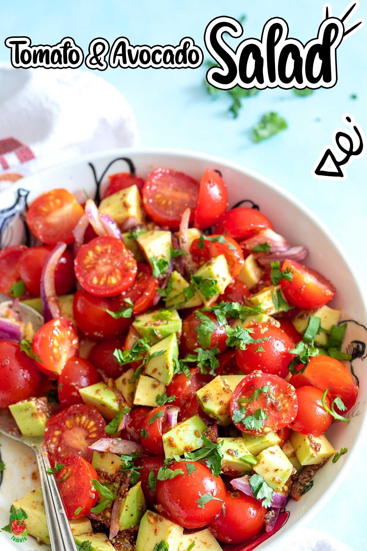 close up of a vibrant keto avocado salad in a glass bowl