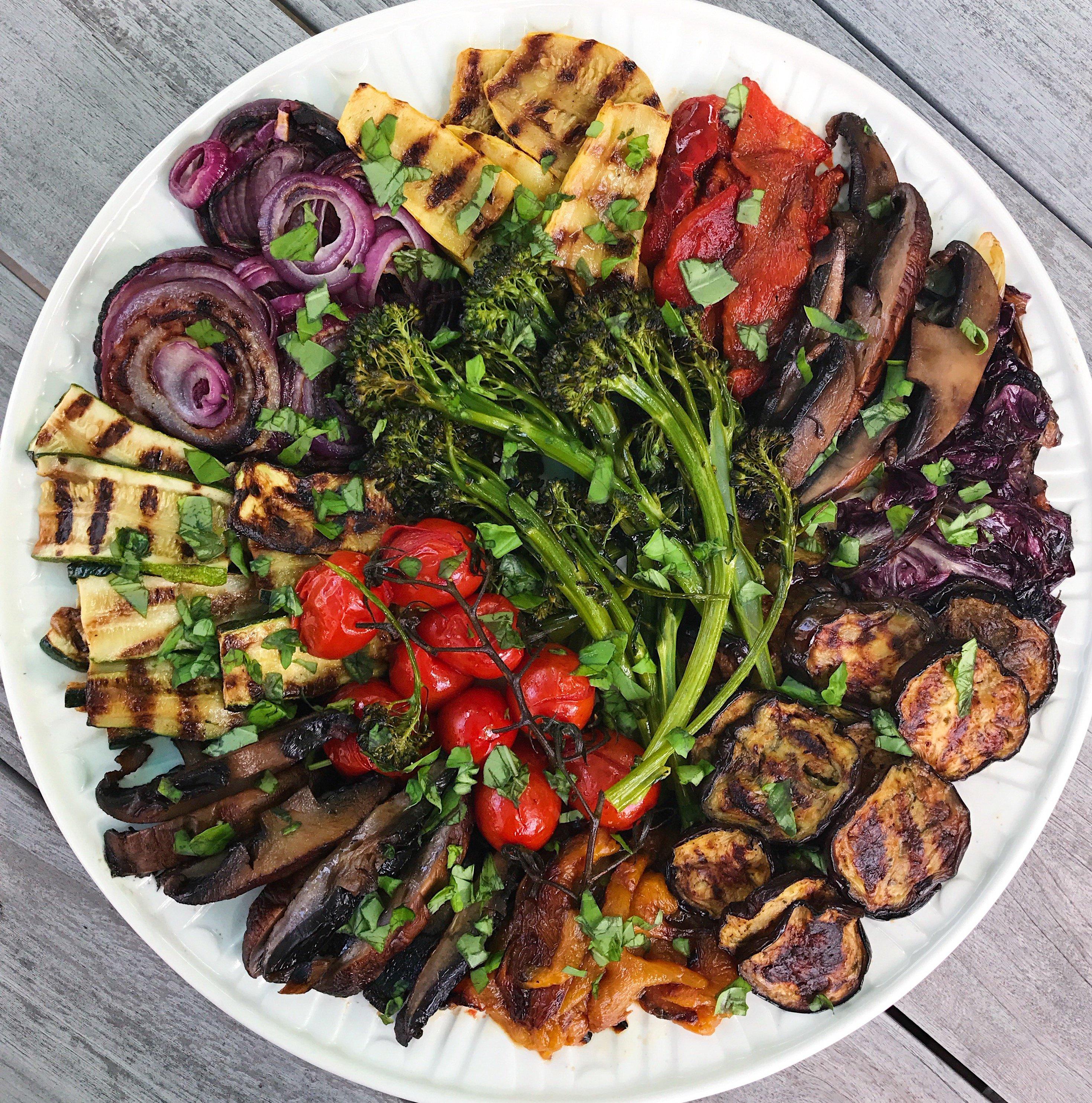 assortment of colorful grilled vegetables on a platter