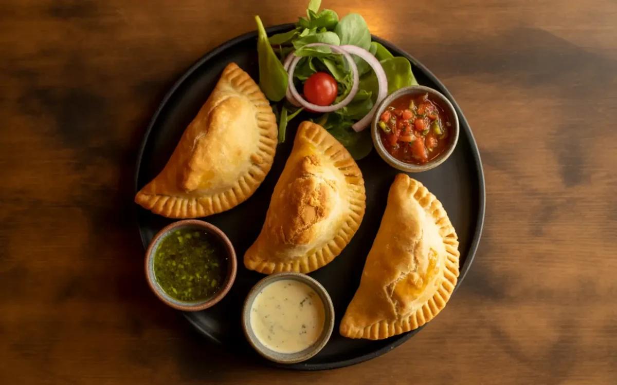 Empanadas being served with the smoked paprika aioli in a small bowl