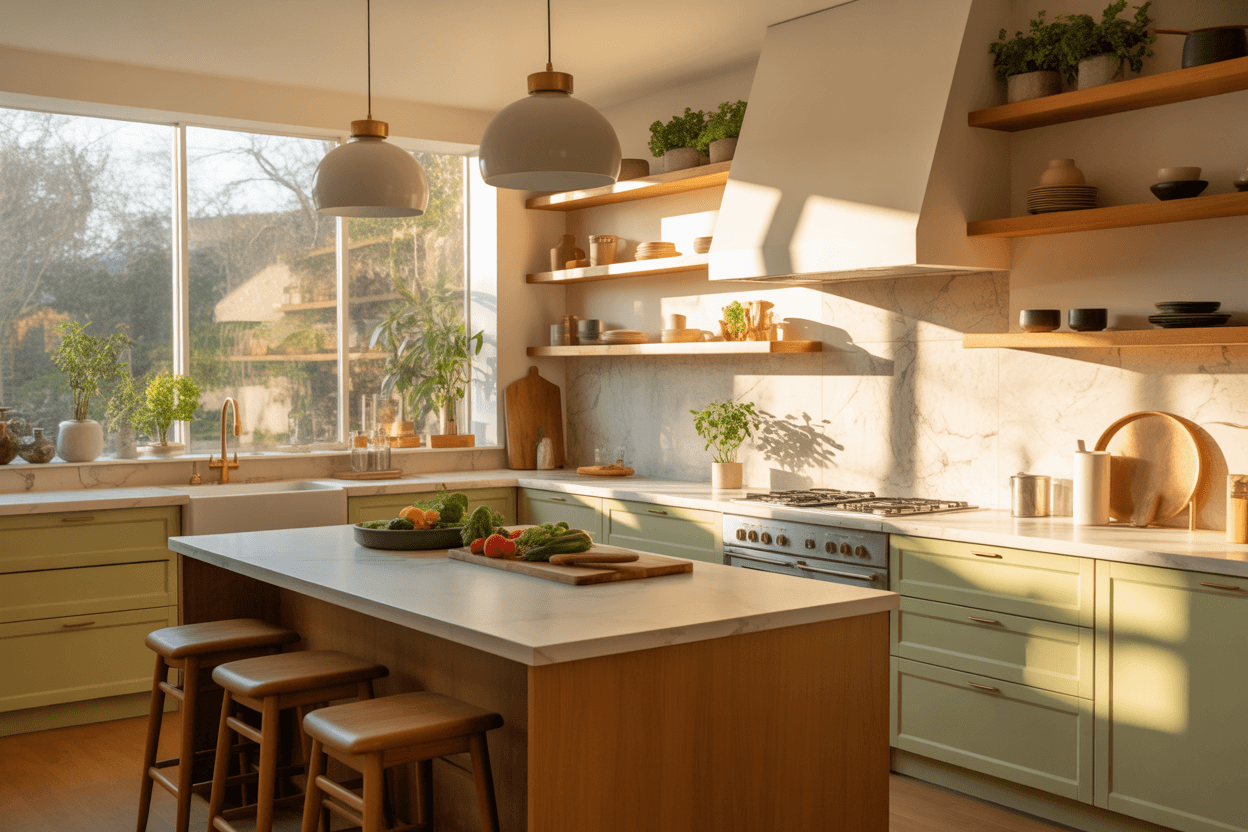 tired person craving comfort food, cozy kitchen interior