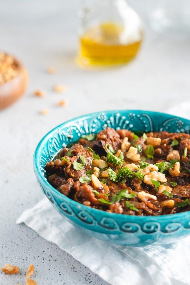 Overhead shot of Hungarian paprika eggplant dip in a rustic bowl