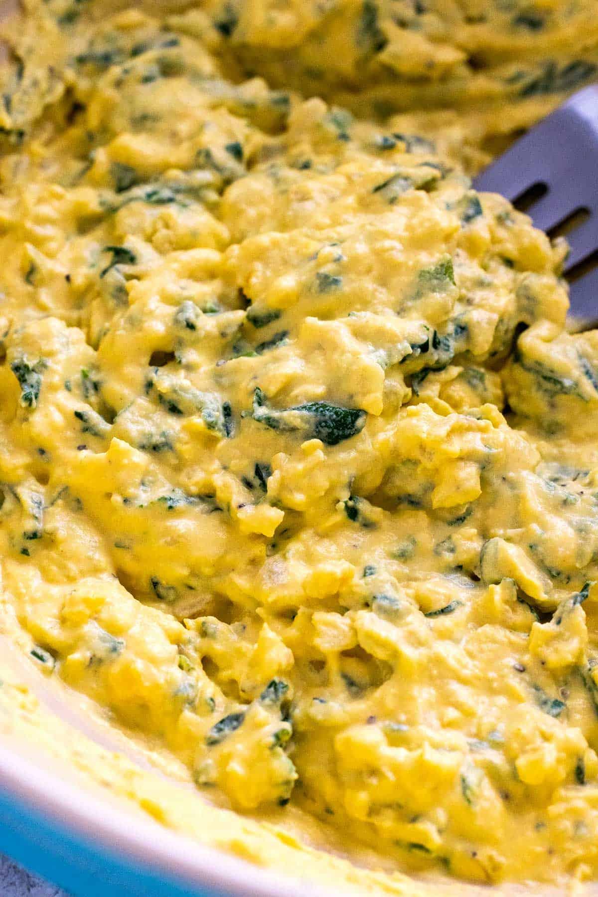 close up of spinach artichoke deviled egg