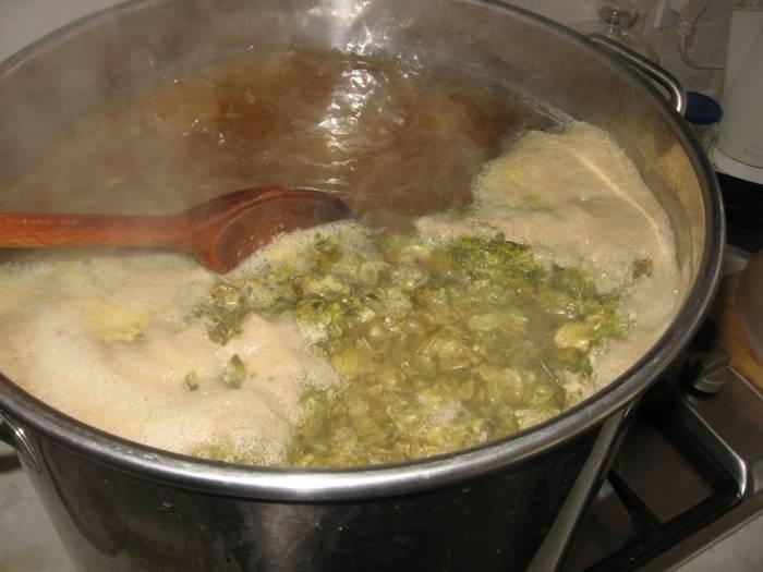 boiling wort with hops during homebrewing