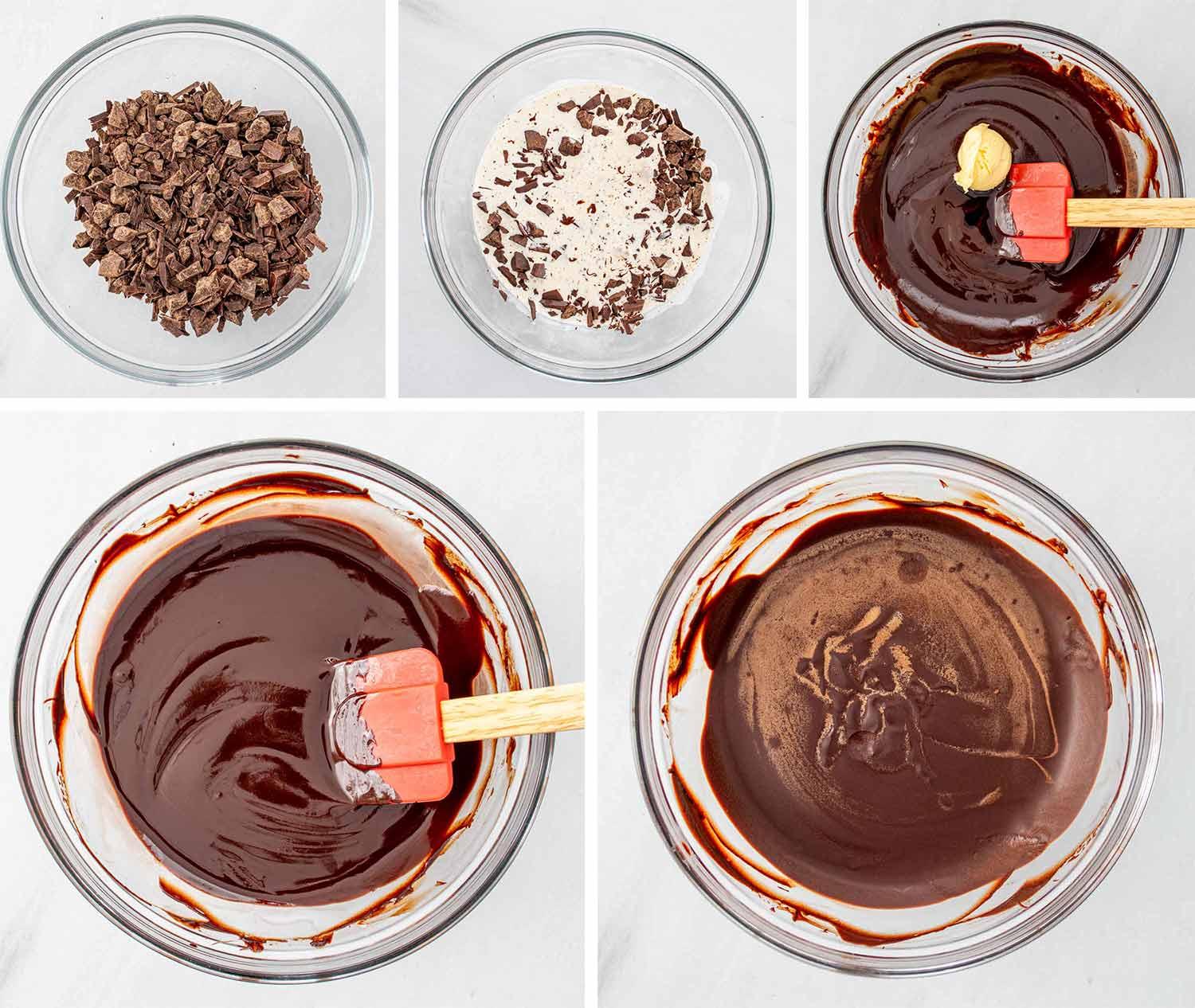overhead shot of the truffle-making process, showing ganache, chocolate, and rosewater