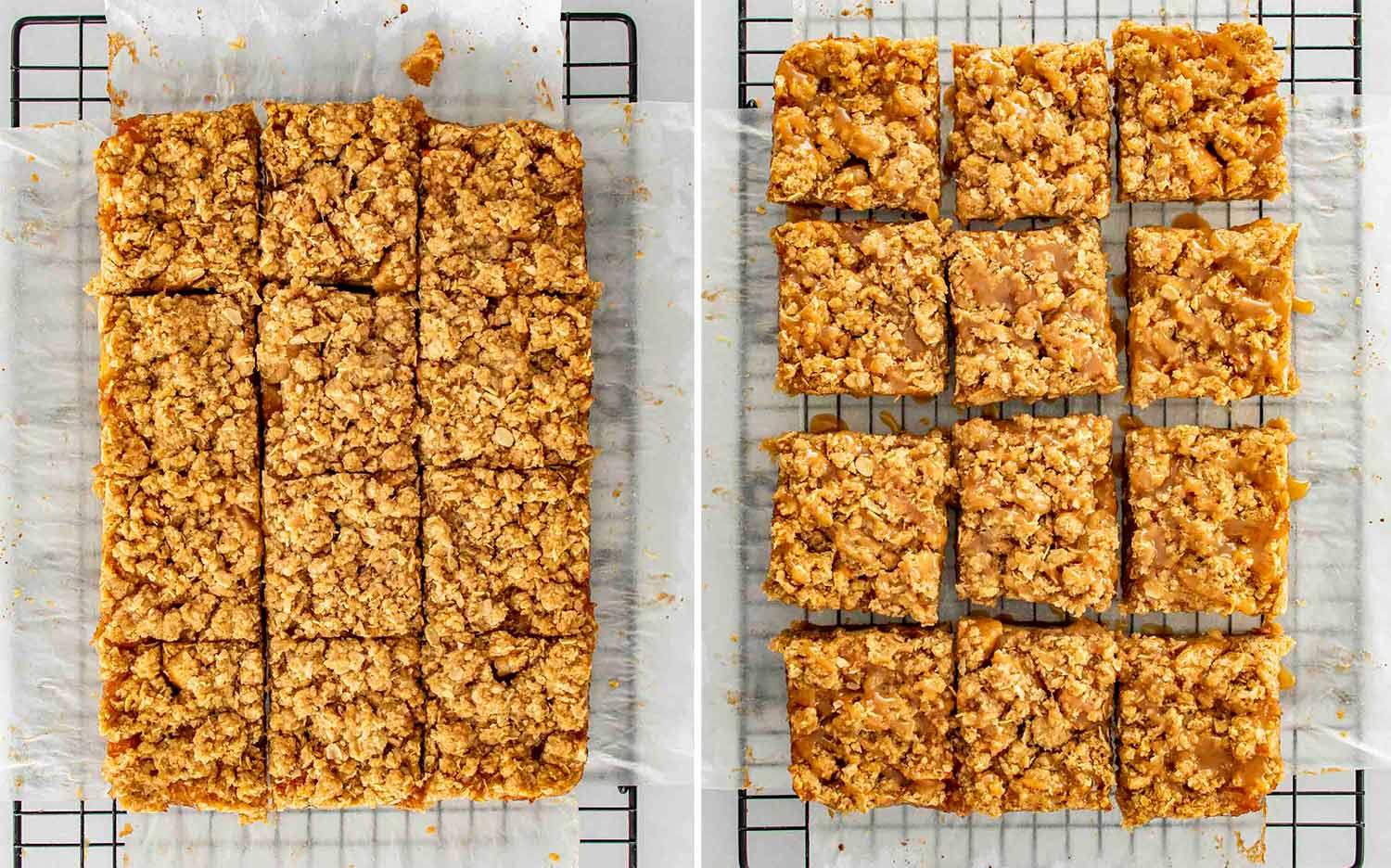 Overhead shot of caramel apple bars cooling on a wire rack