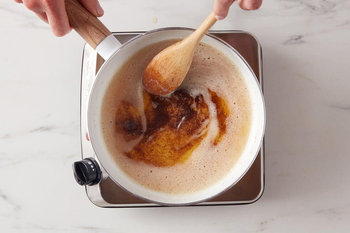close-up of browned butter in a saucepan