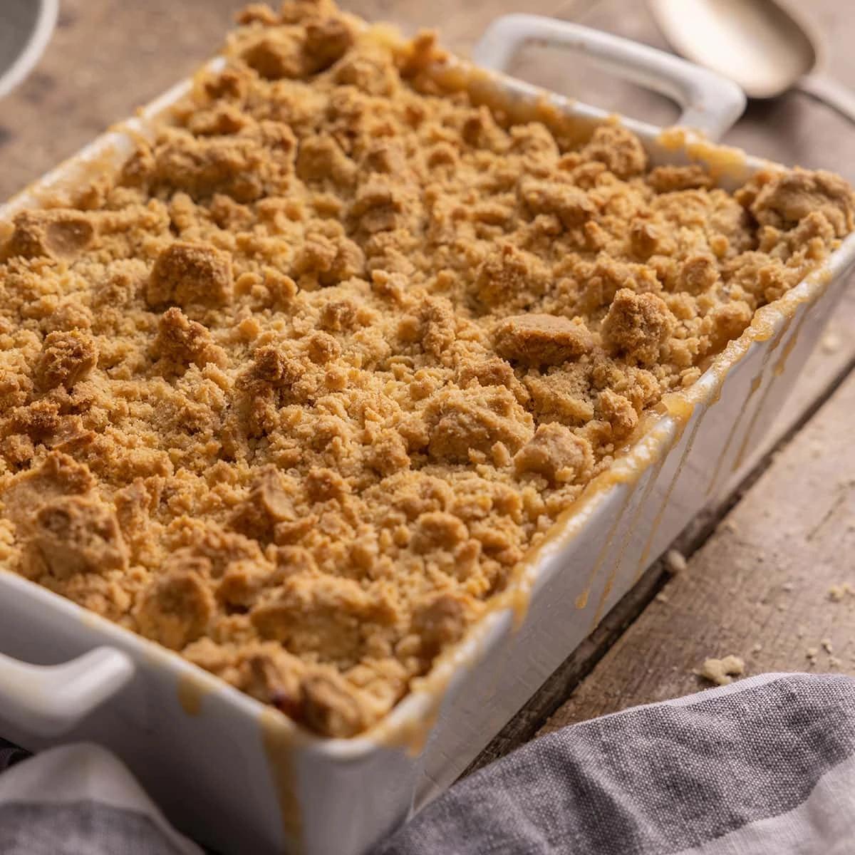 rustic apple crumble in a baking dish