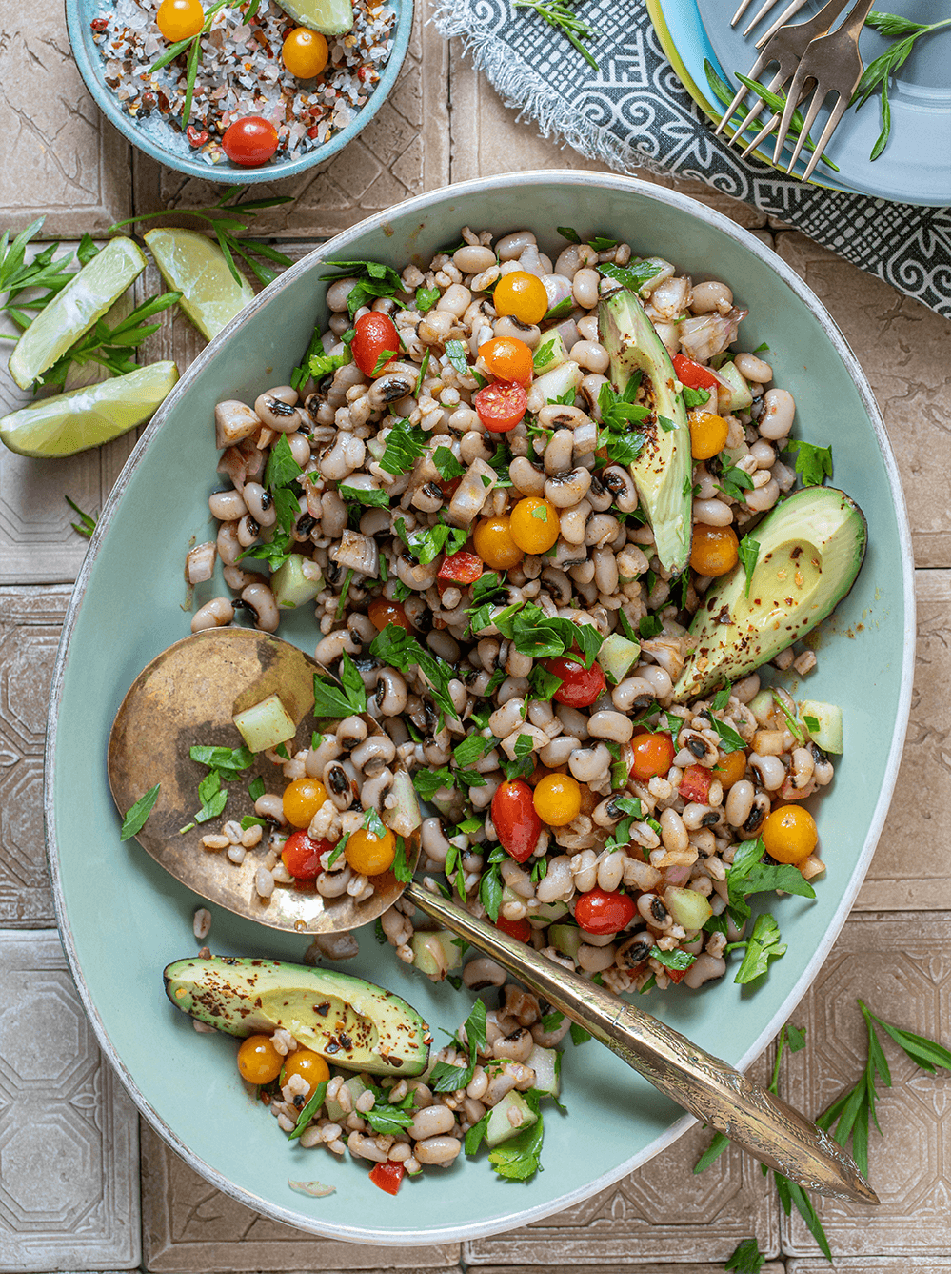 fresh barley and black-eyed pea salad with colorful vegetables