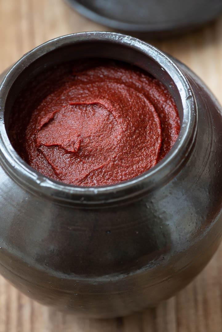 Close-up of gochujang paste in a small bowl