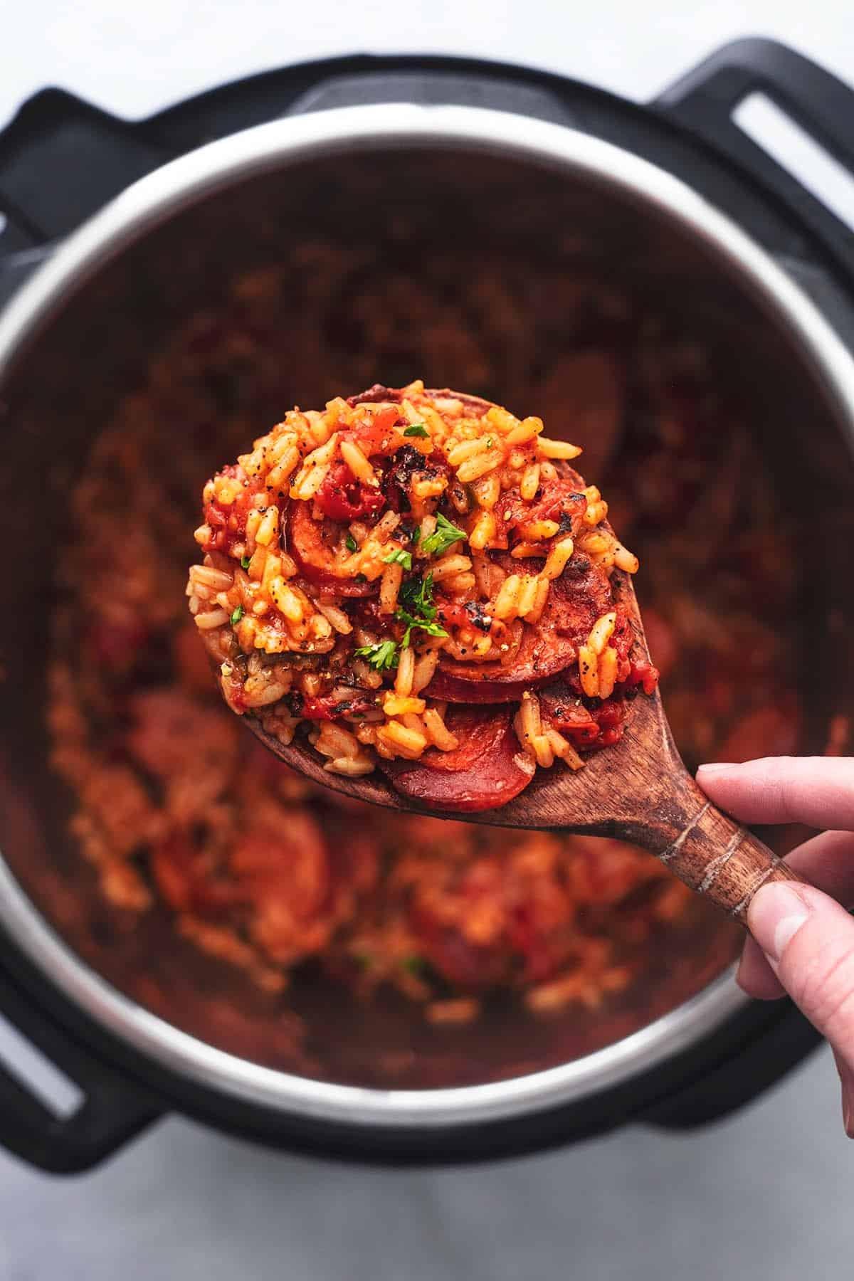 Close up shot of Instant Pot Red Rice with Sausage and Peppers