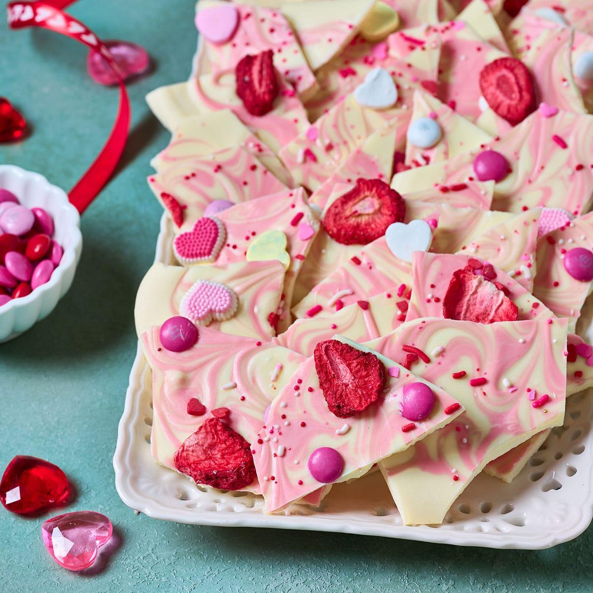 Ingredients for a valentine's white chocolate dessert