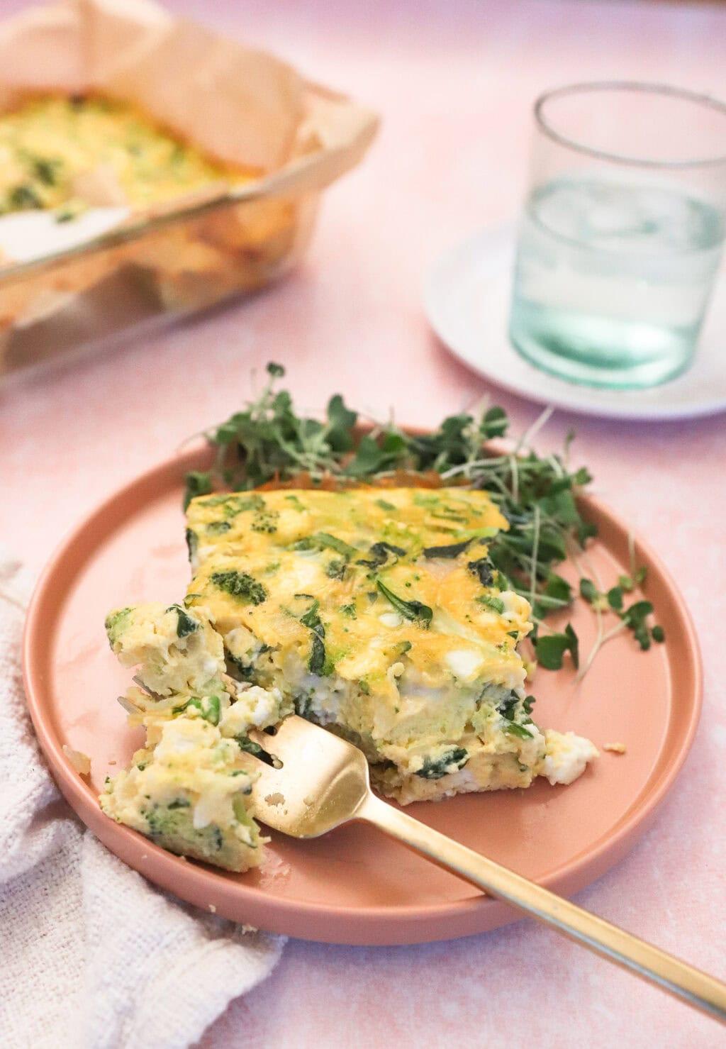 Happy family enjoying cheesy egg bake breakfast together