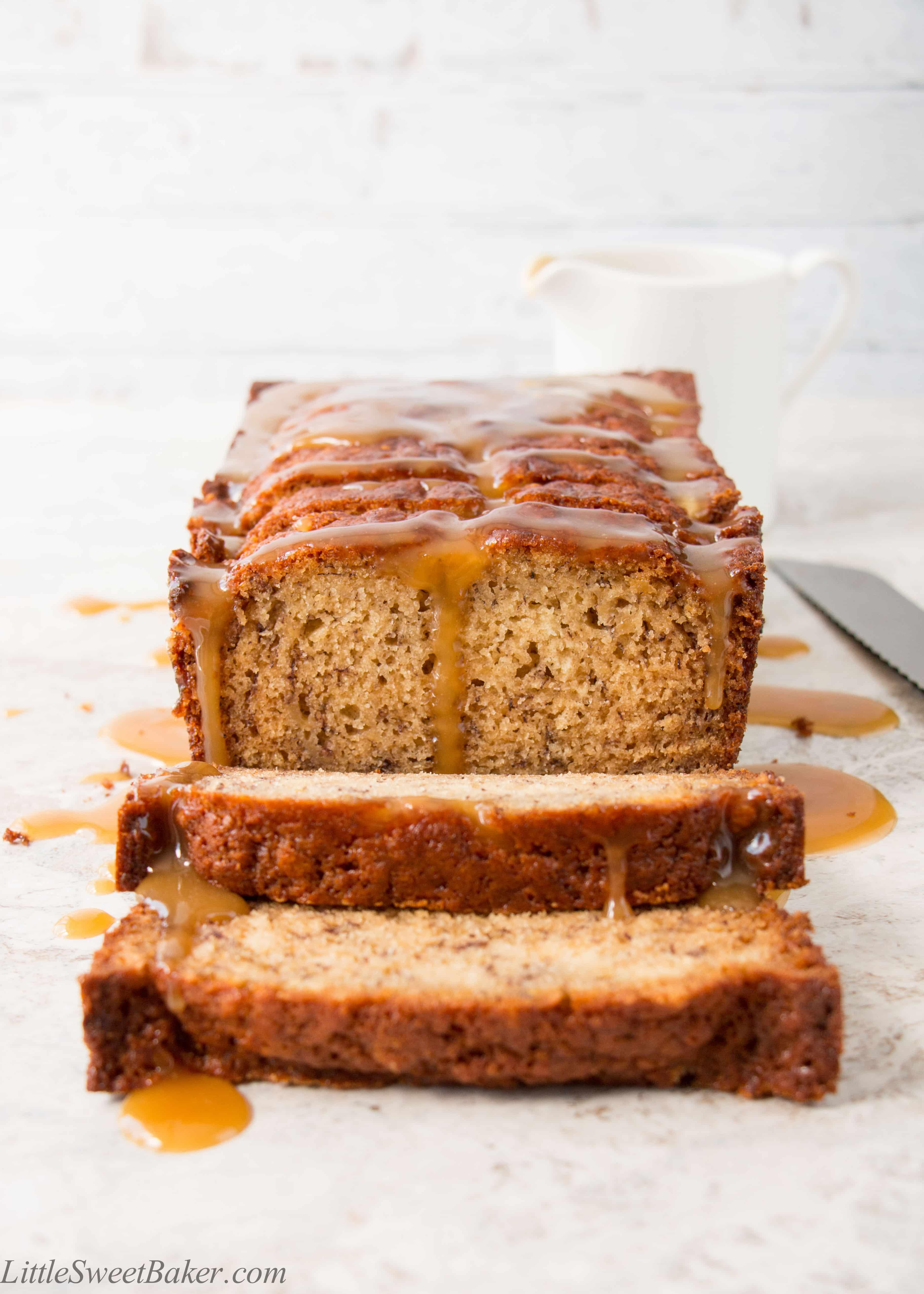 Warm slice of banana toffee bread with caramel drizzle