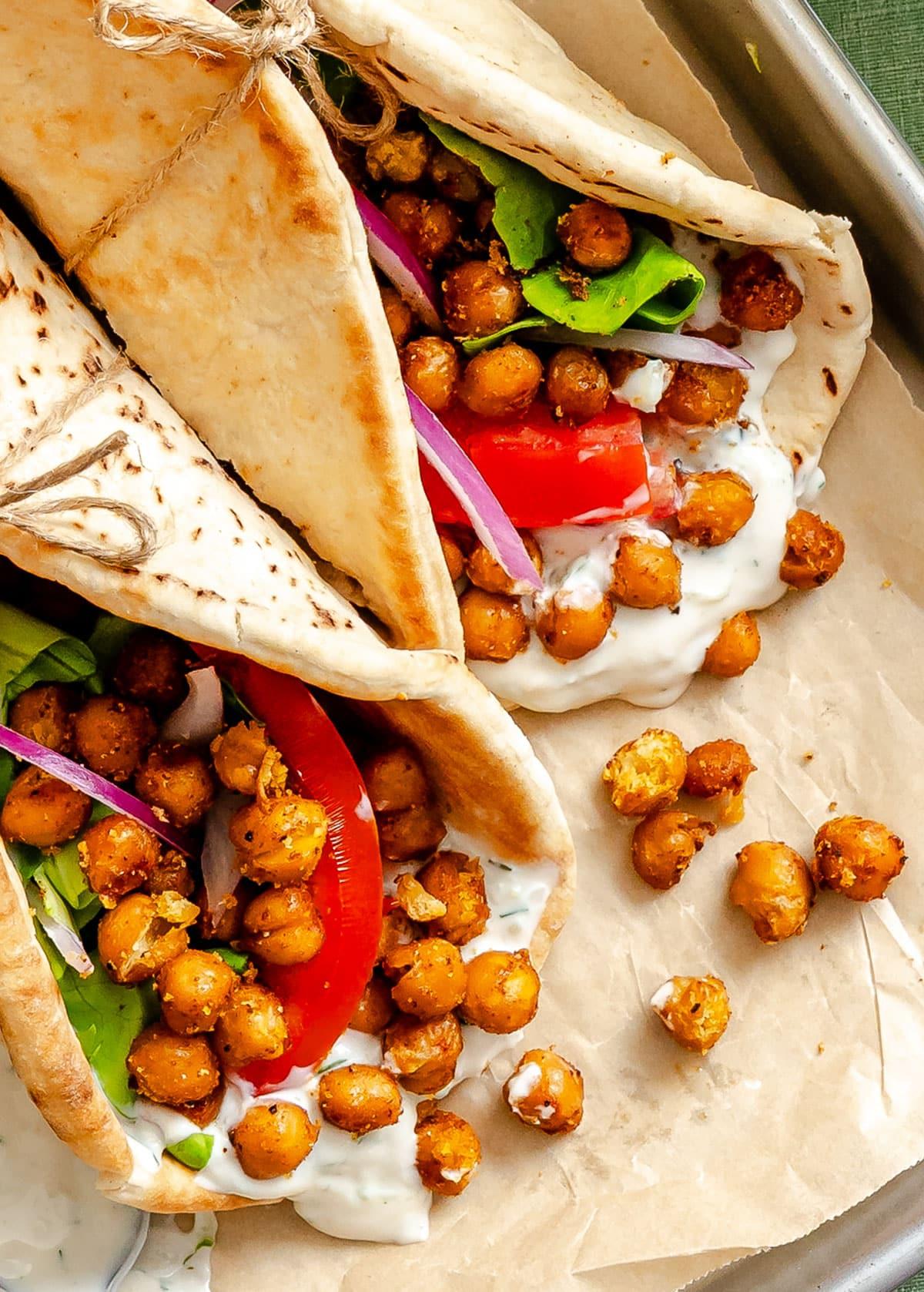 homemade gyro with spiced chickpeas and tahini sauce