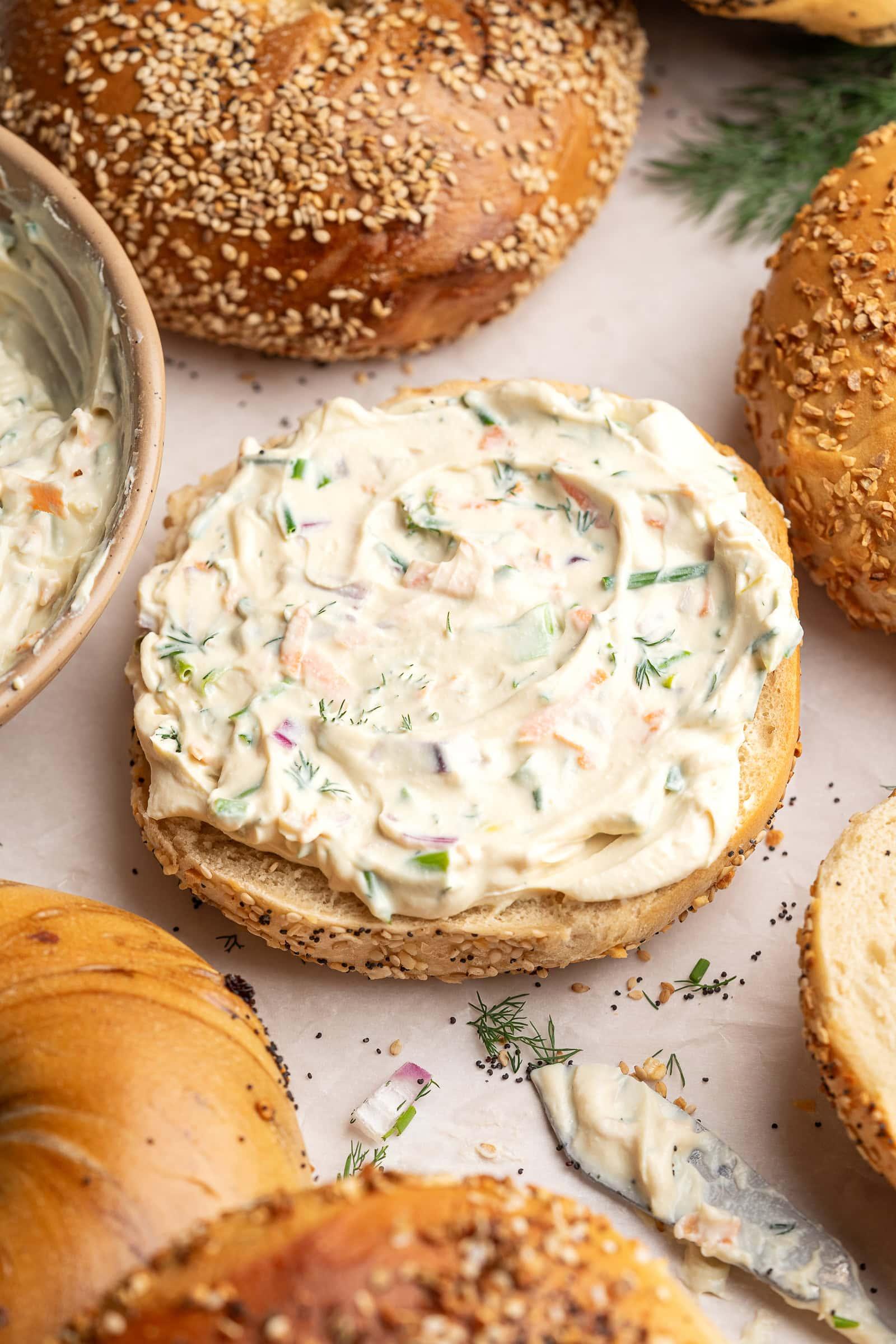 Close-up of the creamy texture of the Everything Bagel Tofu Scramble Dip
