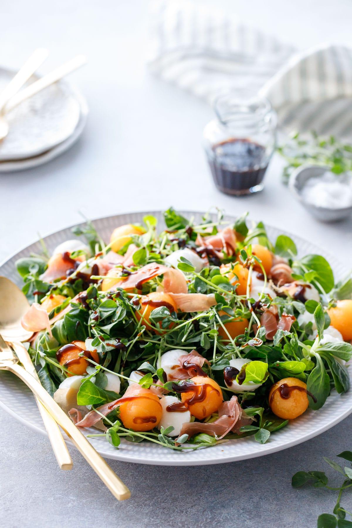 prosciutto cantaloupe pasta salad with balsamic vinaigrette