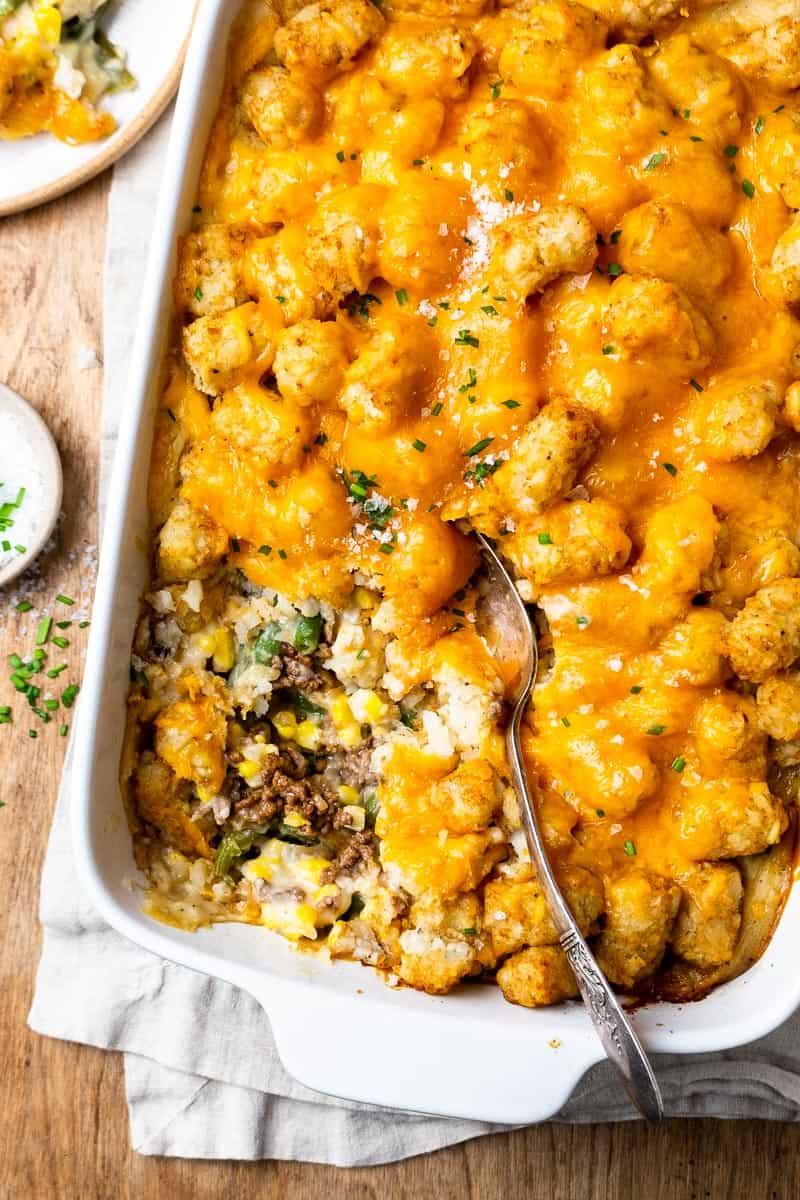 Tater Tot Hotdish Casserole fresh from the oven