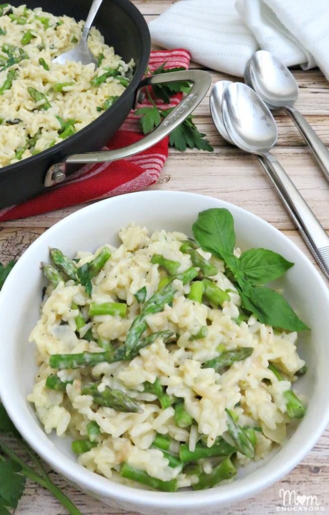 close up shot of creamy asparagus rice with parmesan cheese