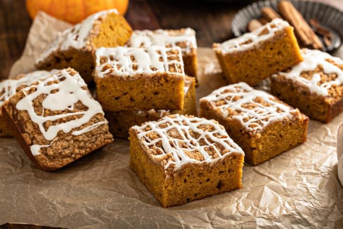 slices of pumpkin coffee cake arranged on a plate