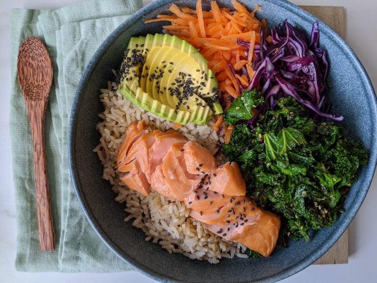 A colorful and appetizing gluten-free rice bowl with various toppings