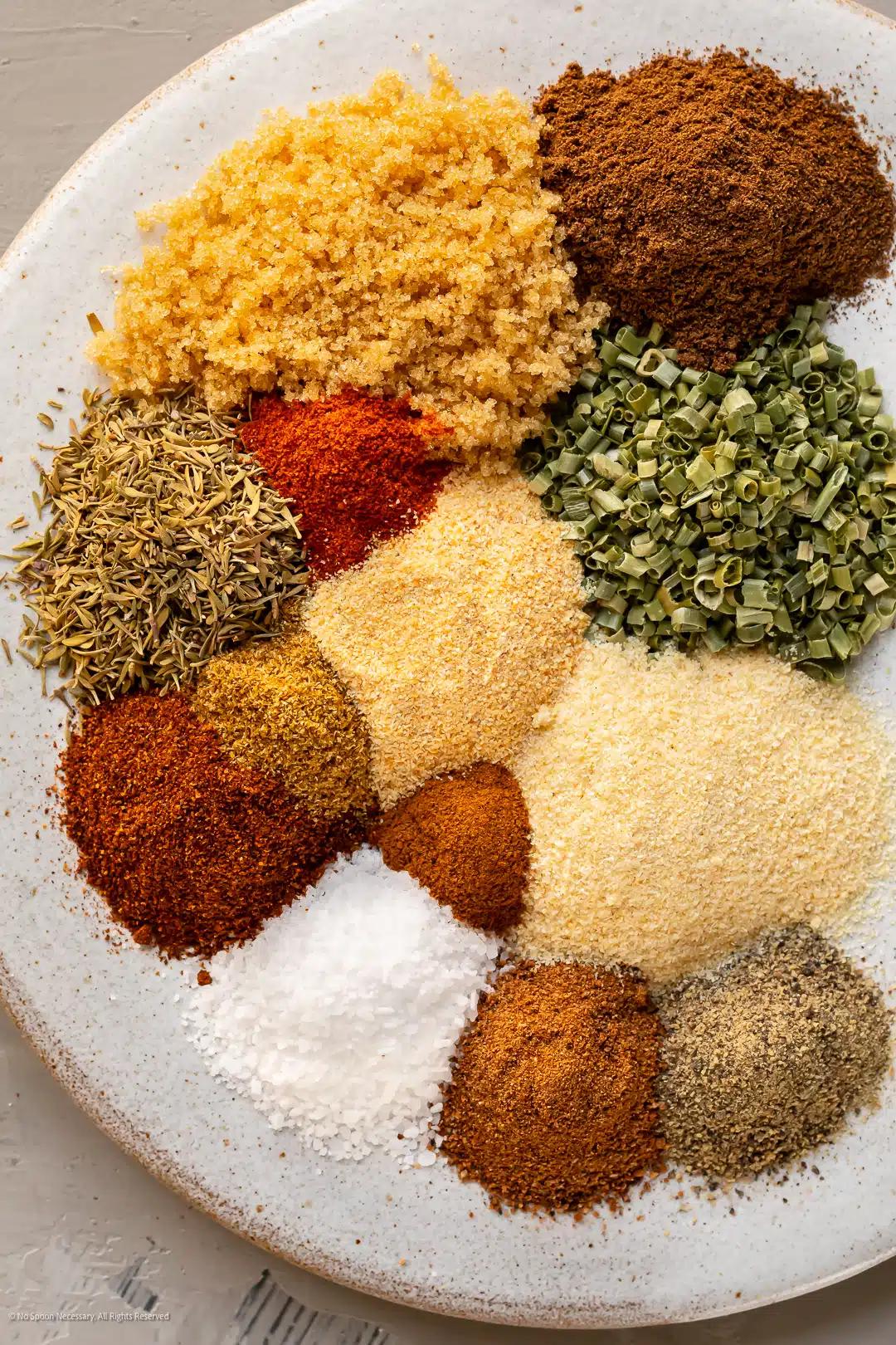 Overhead shot of various spices used in Caribbean cooking