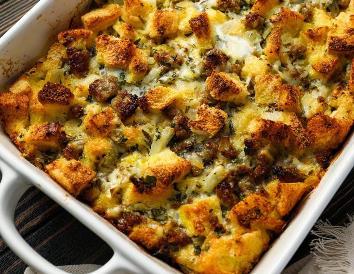 Overnight breakfast casserole golden brown with eggs sausage cheese, comfort food