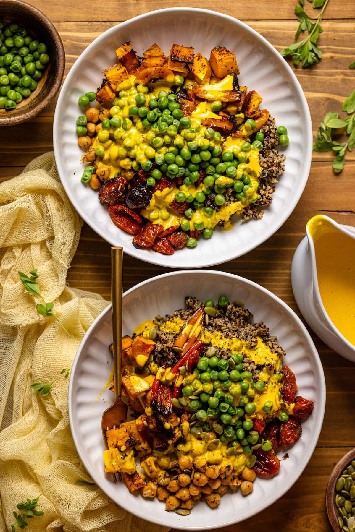 Overhead shot of a beautifully arranged Garlic & Herb Buddha Bowl