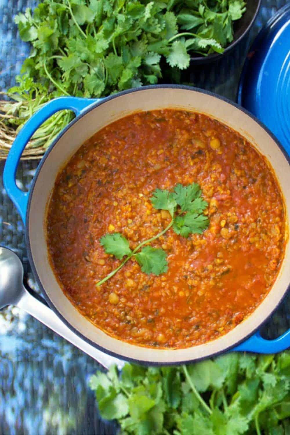 Close-up shot of Moroccan lentil soup simmering in a pot