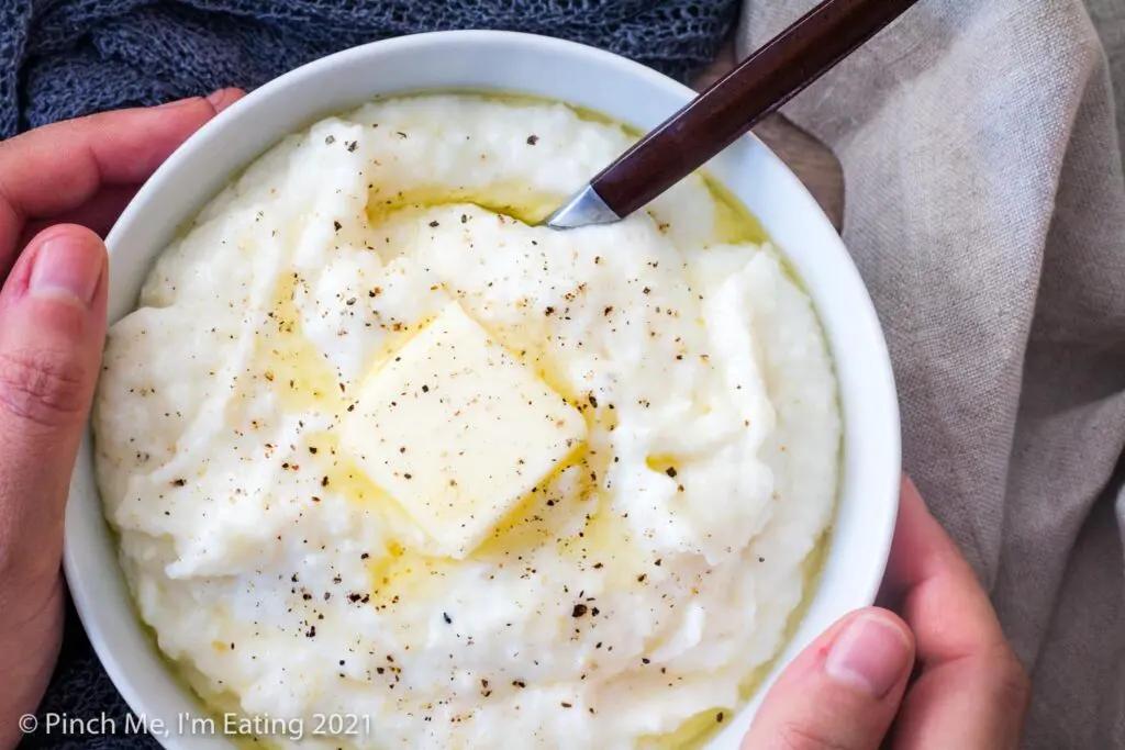 Overhead shot of creamy grits in a bowl