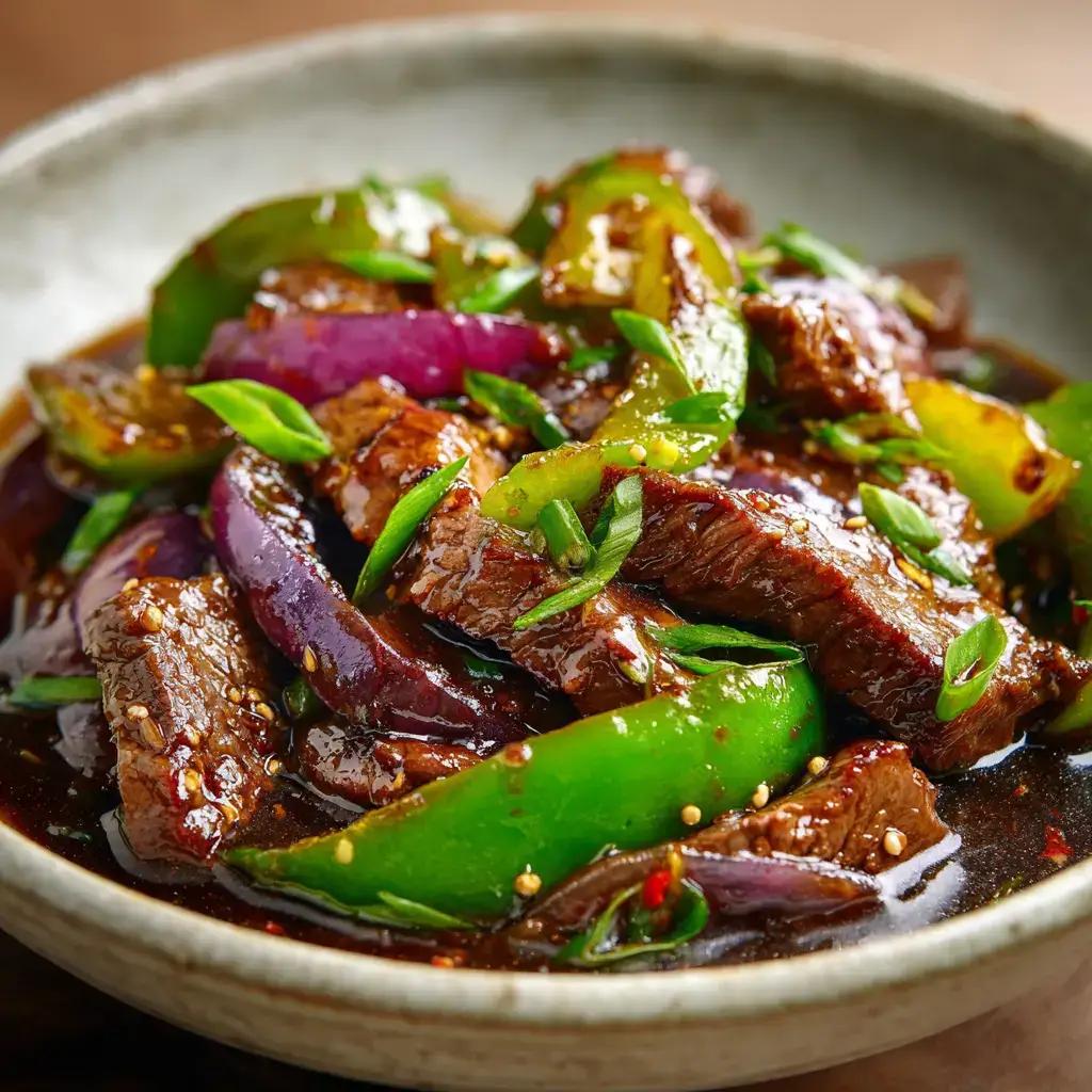 Close-up of glossy chili-glazed beef slices in a bowl with steam