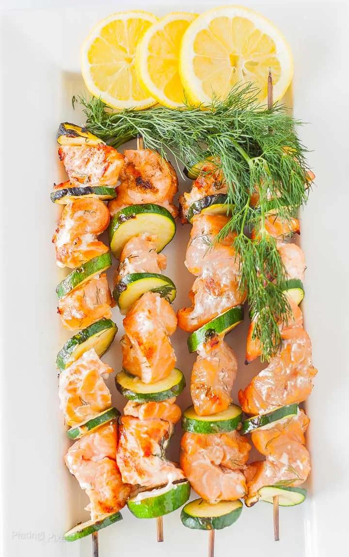 grilled dill lemon salmon kebab with asparagus