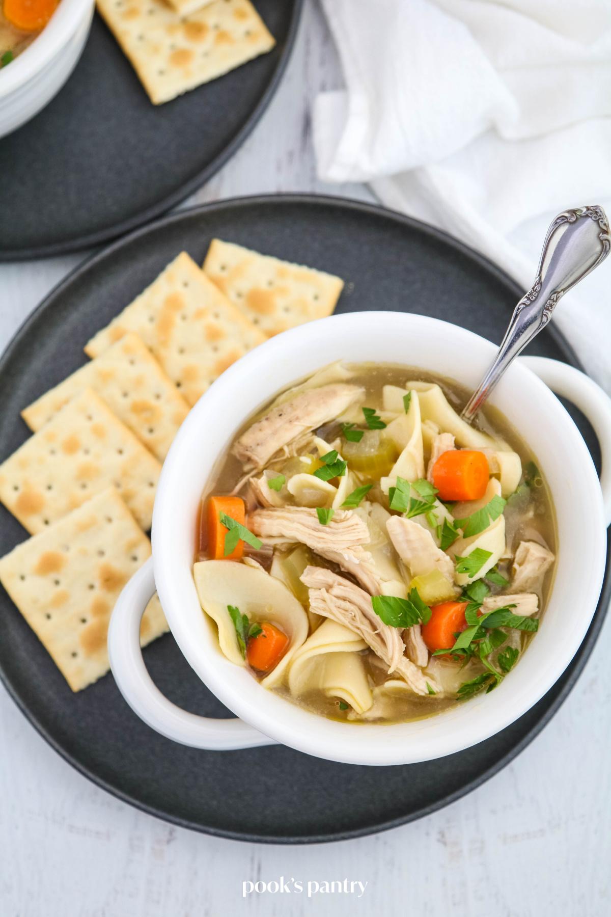 bowl of chicken noodle soup with crackers