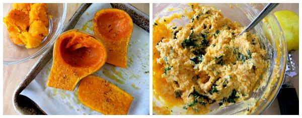 Overhead shot of butternut squash and ricotta cannelloni being assembled in a baking dish