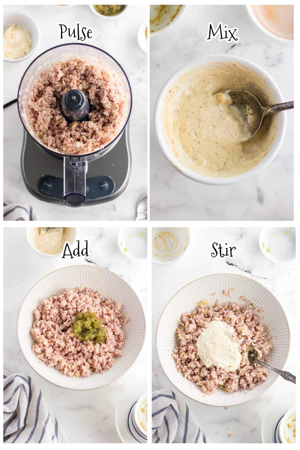 A step-by-step image showing the preparation of the deviled ham mixture.