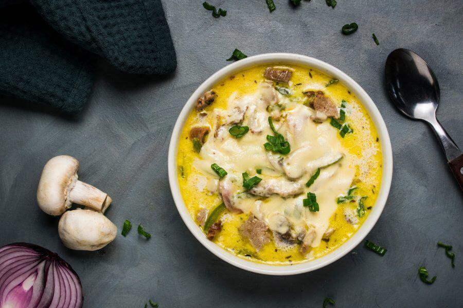Keto Philly Cheesesteak Soup in a bowl