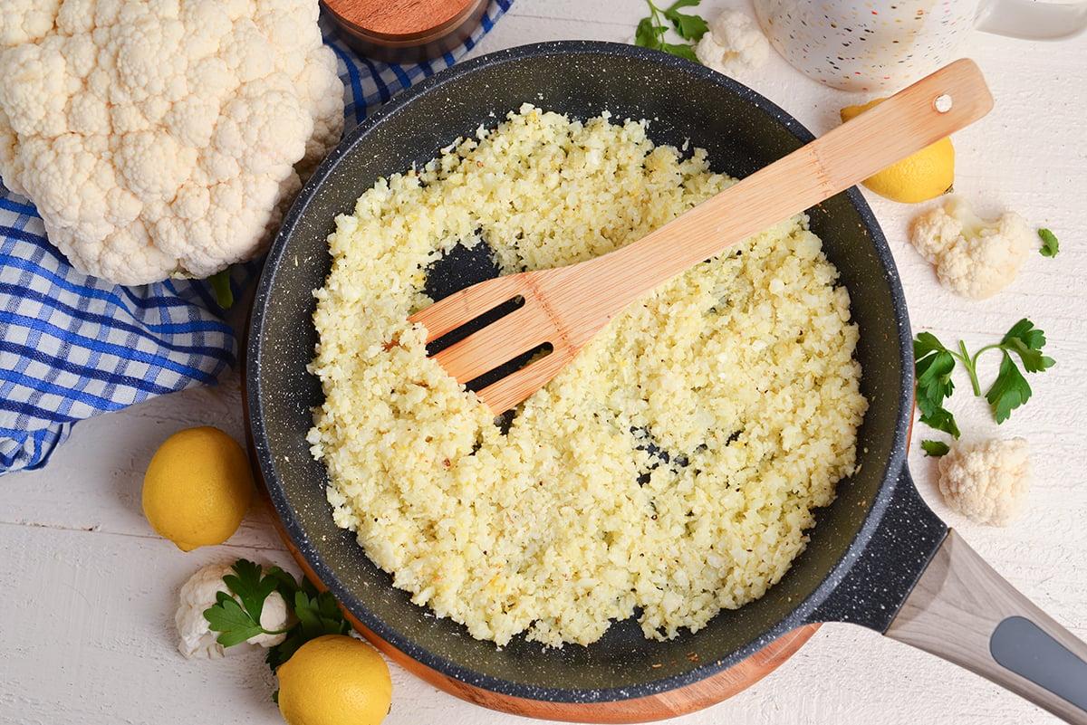 Overhead shot of all the ingredients needed to make Estonian Cauliflower Rice with Black Pudding and Sauerkraut