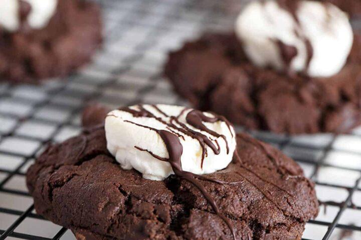 Decadent cocoa sugar cookies on a cooling rack with chocolate drizzle