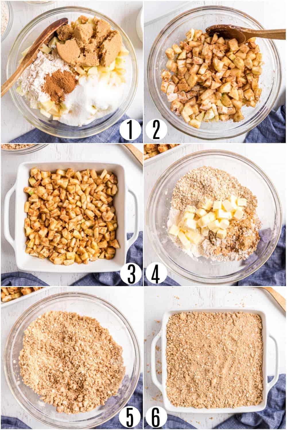 Step-by-step images of making apple crumble