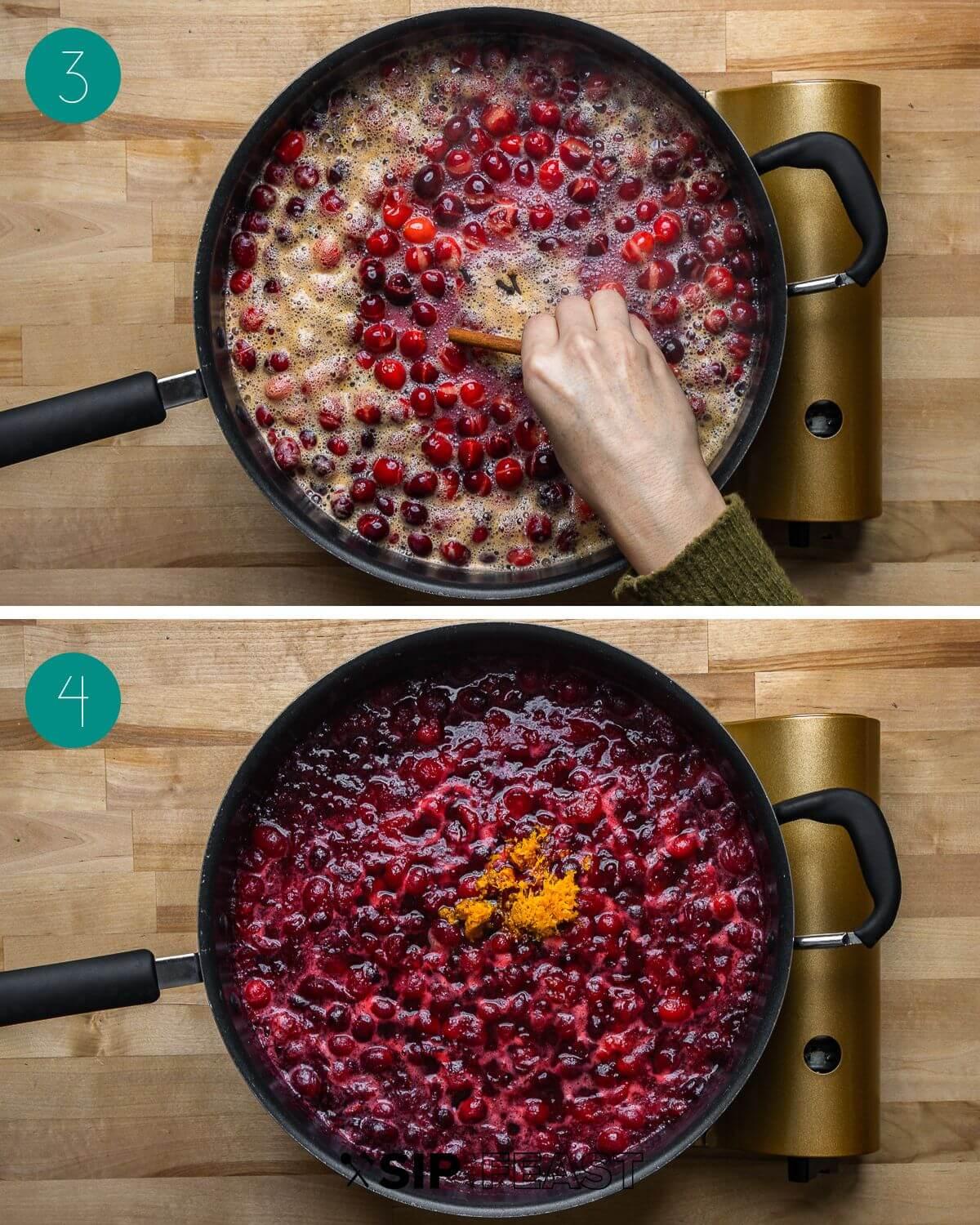 Hands stirring cranberries, sugar, and orange zest in a saucepan on a stovetop