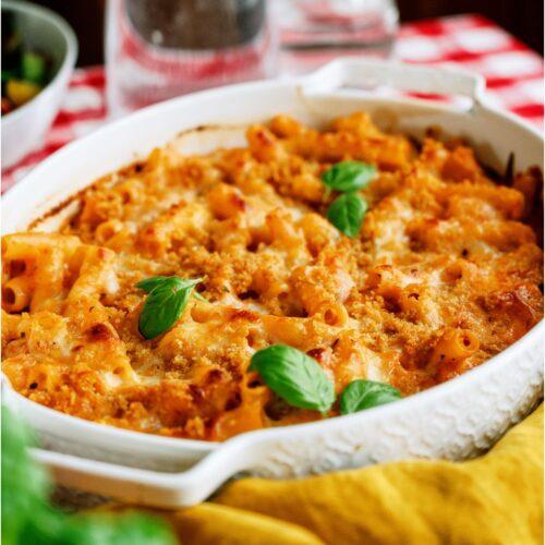A family enjoying a five cheese ziti bake