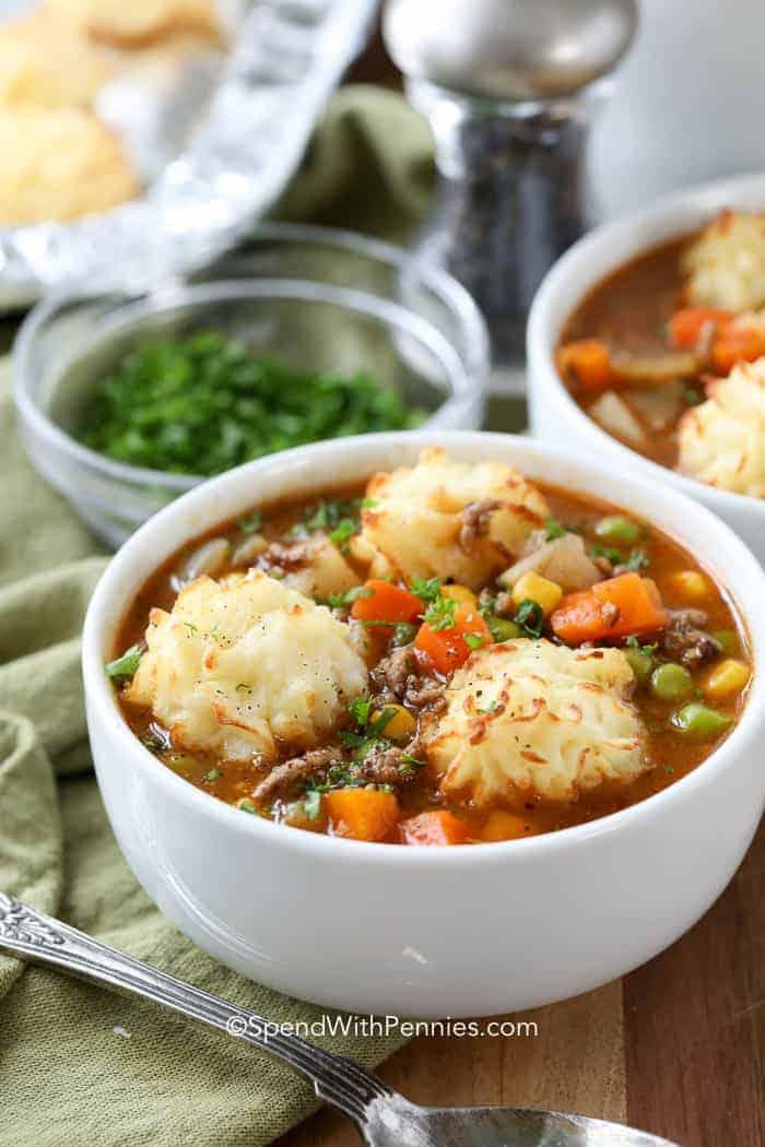 bowl of shepherd's pie soup topped with mashed potatoes and fresh parsley