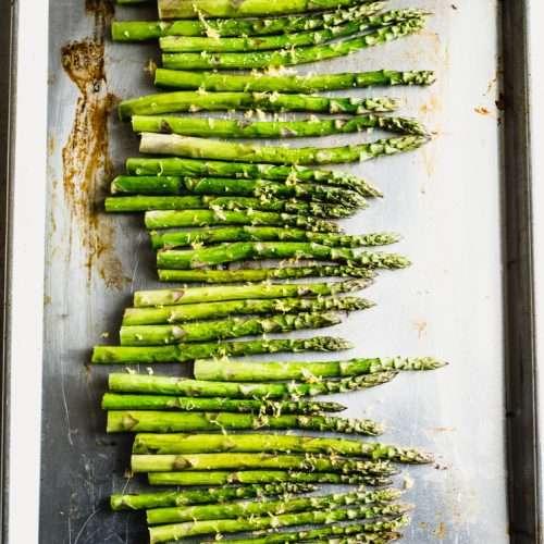 Roasted asparagus on a baking sheet