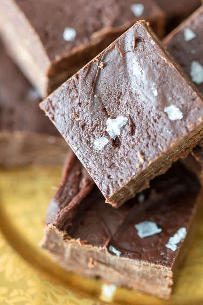 close-up of homemade chocolate fudge with sea salt