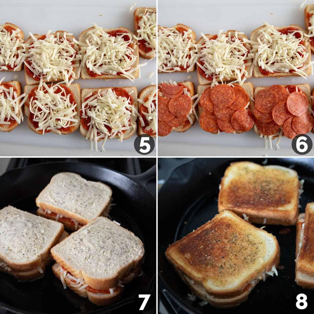 A person assembling a pizza grilled cheese, layering ingredients carefully