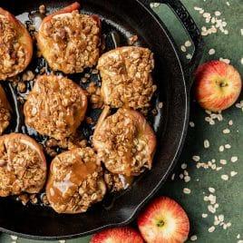 Overhead shot of apple crumble baking in the oven