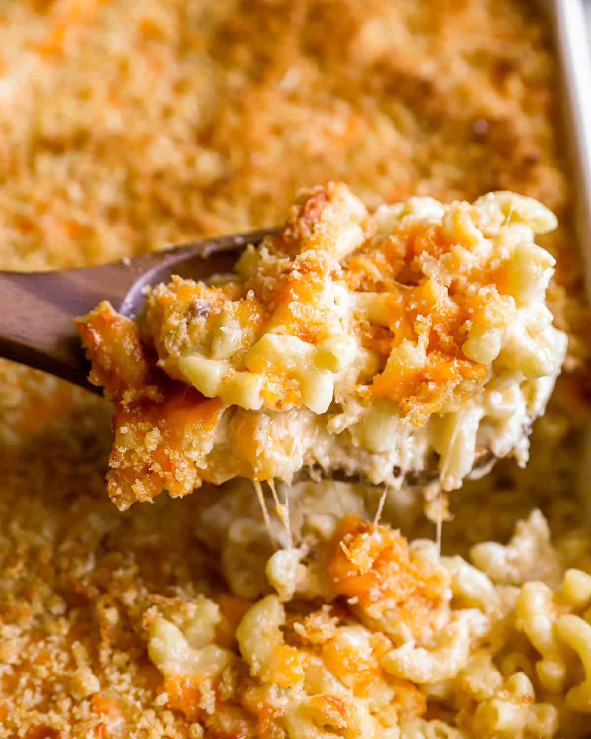 close up shot of thanksgiving leftover mac and cheese being served