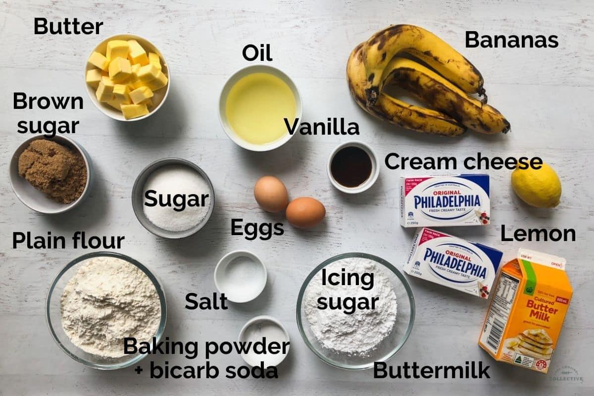 ingredients for banana cream loaf laid out on a table