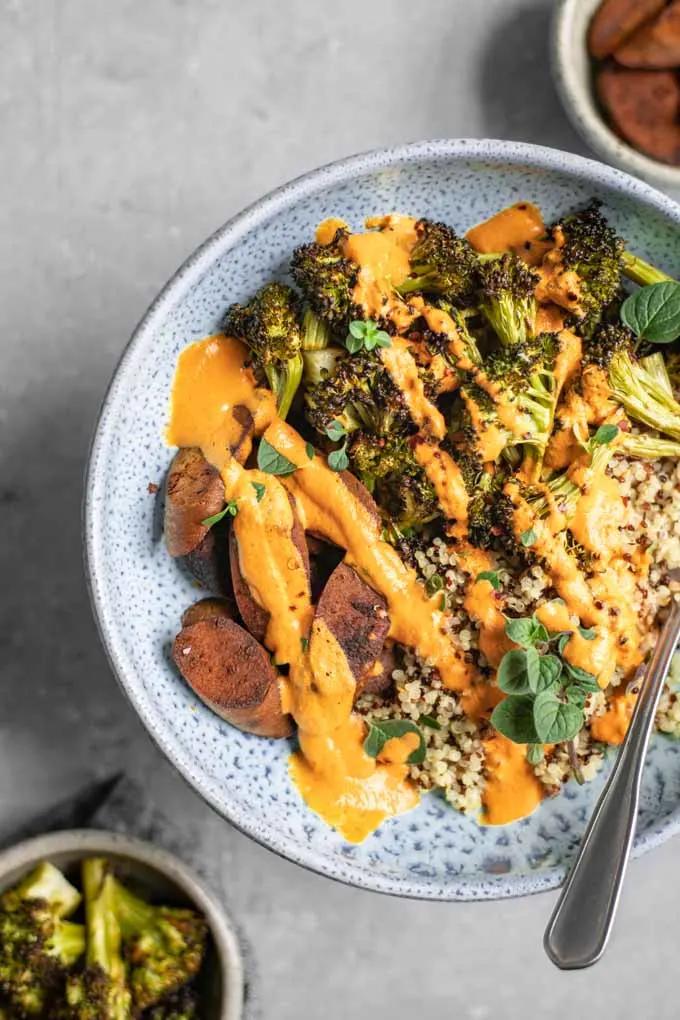 Garlic and herb buddha bowl with roasted broccoli
