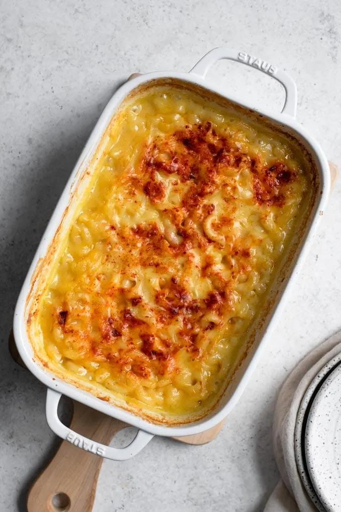 Close-up shot of a delicious Tiger Mac and Cheese in a baking dish