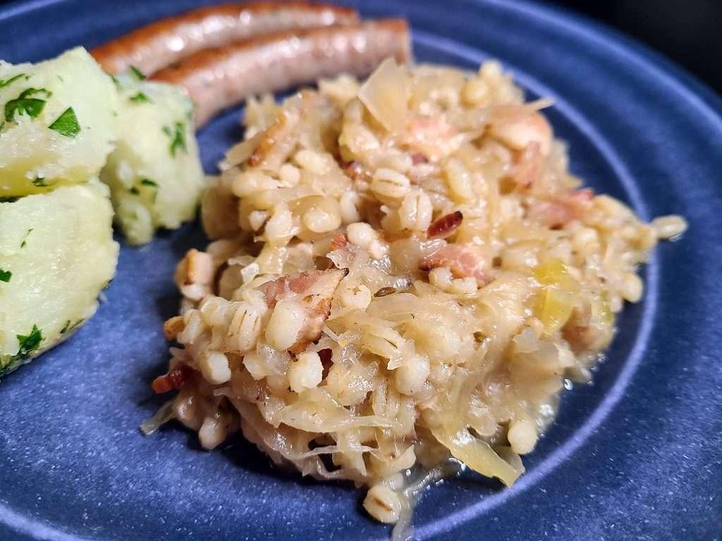 Estonian Cauliflower Rice with Black Pudding and Sauerkraut on a plate